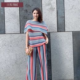 Casual Scarf Collar Irregular Stripe Loose Short Sleeve T-shirt Wide Leg Pants Two Piece Women's Suit 210615