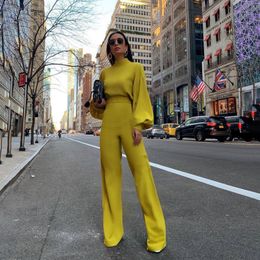Autumn Jumpsuits Women Solid Color High Collar Long Sleeve High Waist Backless Casual One-piece Trousers Daily Sexy Streetwear 210422