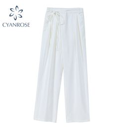 Soft Comfort Women Pants White Wide Leg High Waist Long Pants Pockets Spring Lady Office Wear Female Ankle Trousers Mujer 210417