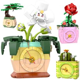 City Rose Orchid Flower Potted Plants Clock Building Blocks Home Decoration DIY Friends Bricks Creator Toys for Girls Gifts Q0823