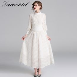 Beige Feather Summer Women's Elegant Stand Collar Lantern Sleeve Tassels Party Dresses Designer Long Dress 210416