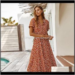 Casual Dresses Womens Clothing Apparel Drop Delivery 2021 Arrival Printed Aline Short Sleeve Ruffles Vneck Button Midi Dress Elegant Ladies S