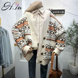 H.SA Women Winter Spring Sweater Coat Knitted V neck Button Up Long Cardigans 210417