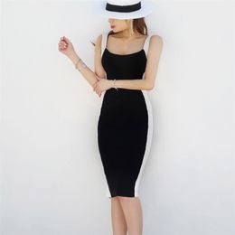 Korean summer sexy slim stitching contrast color knitted dress vest bag hips 210416