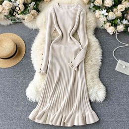 Women Knitting Dress Autumn Winter Korean Button Long Sleeve O Neck Dress Elastic Slim Ruffles Bodycon Sweater Dress 210419