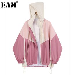 [EAM] Loose Fit Contrast Colour Big Size Jacket Hooded Long Sleeve Women Coat Fashion Spring Autumn 1DD8724 210512