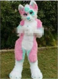 -Profesión de disfraces hecho rosa pelaje largo peludo zorro lobo husky perro mascota traje fursuit adulto dibujos animados fiesta de navidad