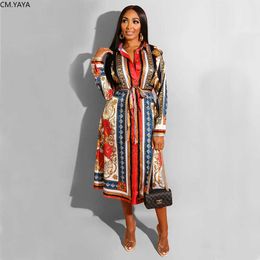 Spring Summer Mid Calf Dress Long Sleeve Print Casual Beach Sashes Bandage Night Club Party Loose Midi Shirt Dresses GL887 210706