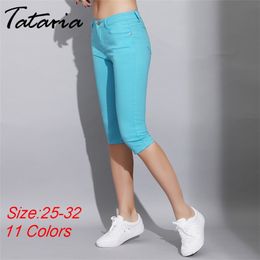 1Skinny WOMEN Capris Jeans Pants Female Knee Length Stretch Slim shorts Women Candy Color Summer Denim Shorts 210514