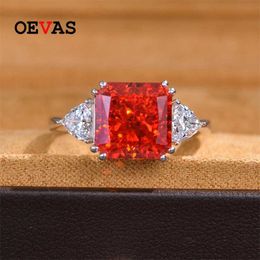 OEVAS 100% 925 Sterling Silver 10*10mm Pink Yellow Aquamarine High Carbon Diamond Rings For Women Sparkling Wedding Fine Jewelry 211217
