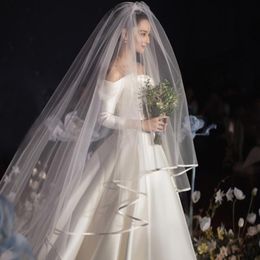 Bridal Veils Super Long 6 Metres Double Layer Simple Satin Ribbon Edge 3m Width Veil Headpiece Wedding Accessoires