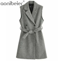 Long Vest Women Houndstooth Double Breasted Waistcoat Vintage Sleeveless With Belt Female Outerwear Chic Tops 210604