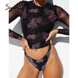 Sexy dragon print bikinis 3-piece mesh Long sleeve swimsuit Bandeau push up swimwear women High cut bathing suit 210414