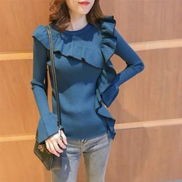 sweater knitted women Korean temperament ruffled top autumn and winter Cotton Hand O-Neck 210416