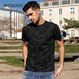 KUEGOU Summer Tee Clothing Men's Short Sleeve T-shirt Fashion High Quality Letter Print Tshirt Black Top Plus Size ZT-90018 210716