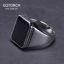 Real Solid 925 Sterling Silver Ring Simple for Men with Black Square Flat Gel Stone High Polishing Middle East Turkish Jewelry