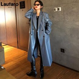 Women's Leather & Faux Lautaro Autumn Long Blue Crocodile Pattern Trench Coat For Women Double Breasted Womens Jackets And Coats