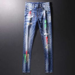 Street Style Fashion Men Jeans Retro Blue Elastic Slim Fit Ripped Painted Designer Hip Hop Denim Splashed Punk Pants