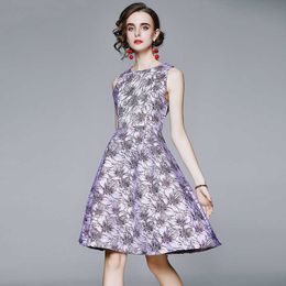 Autumn Winter Women Fashion Jacquard O Neck Sleeveless Dress Purple Elegant Vintage Ladies Party Dresses Vestidos 210525