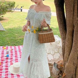 Summer Women Off Shoulder Maxi Embroidery White Lace Long Tunic Beach Dress 210415