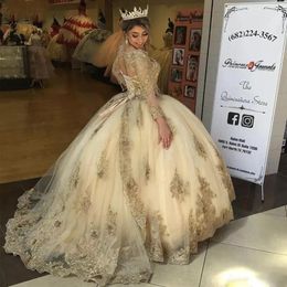 Champagne Gold Lace Quinceanera Dresses With Long Sleeves Appliques Robe De Soiree Formal Prom Party Gown For Sweet 15 16 Girl