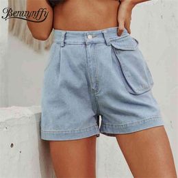 Casual Pockets High Waist Shorts Women Summer Streetwear Button Fly Wash Short Jeans Woman Chic Straight Denim 210510