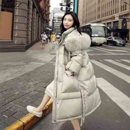 Winter Women Loose Big Real Fur Collar Hooded Long Down Coat 90% White Duck Parka Warm Snow Thickness Outwear 210430