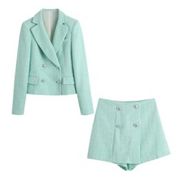 Elegant casual blazer sets for office women Solid green 2 pieces lady summer Fahsion pockets short pants female 210430