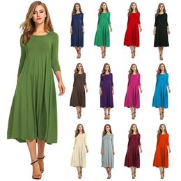 Three Quarter Sleeve Dresses For Women Casual Autumn Pleated Midi Elegant O neck Party Femme Robe Plus Size Girl dress 210623