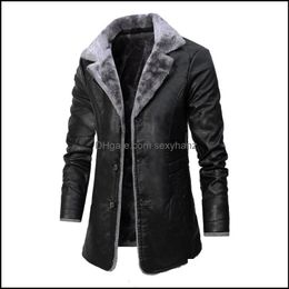 Mens Fur & Faux Outerwear Coats Clothing Apparel 2021 Winter Leather Jacket Solid Color Lining Veet Business Lapel Medium Length Keep Warm B