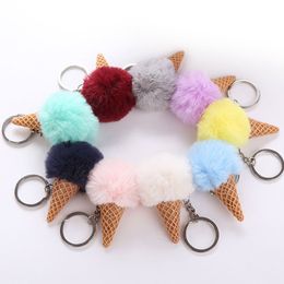 Cute Fur Ball Ice Cream Cone Keychain Furry Acrylic Key Chain Ring Keyring Pompom Shoulder Bags Pendant Children's Gifts