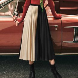 Fashion Women's Contrast Color Pleated Skirt Casual High Waist Midi Ladies Party A-Line Elastic waist 210529