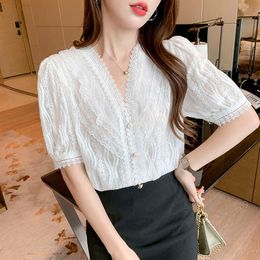 Summer Korean Chiffon Women Shirts Short Sleeve Office Lady Tops Plus Size Woman White Blouses 210531