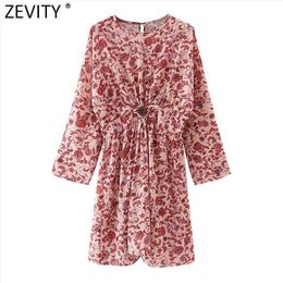 Zevity Women Tropical Totem Floral Print Elastic Waist Hole Mini Dress Femme O Neck Casual Slim A Line Party Vestido DS5037 210603