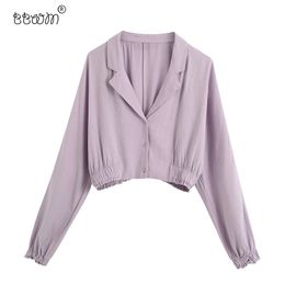 Women Fashion Purple Buttons Short Blouses Vintage Notched Long Sleeve Shirts Elegant Ladies Chic Tops 210520