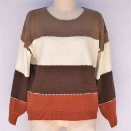 Women's Autumn Winter Sweaters European Style Colour Matching Round Neck Loose Long-sleeved Knitted LL497 210506