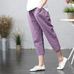 Arrival Summer Arts Style Women Elastic Waist Loose Calf-length Pants Femme Casual Purple Harem Plus Size M65 210512