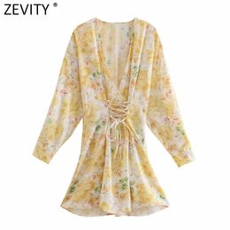 Zevity New Women Vintage V Neck Floral Print Bandage Kimono Mini Dress Female Chic Long Sleeve Side Zipper Casual Vestido DS8297 210419