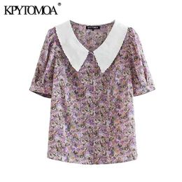 Women Fashion Floral Print Button-up Blouses Lapel Collar Short Sleeve Female Shirts Blusas Chic Tops 210420