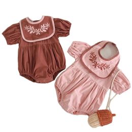 Summer born bodysuit cute jumpsuit Bubble sleeve embroidered bib cotton baby boy clothing girl toddler 210417