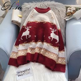 H.SA Women Winter Sweater and Pullovers Christmas Pull Deer Red Patchwork Knit Tops Oversized Sweaters Cartoon Jumpers 210417