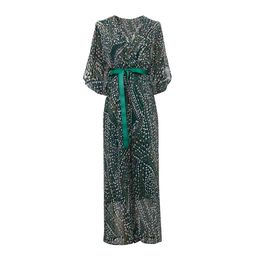 Women Green Floral Print V Neck Half Sleeve Sash Full Length Jumpsuit Vocation Chiffon Beach J0108 210514