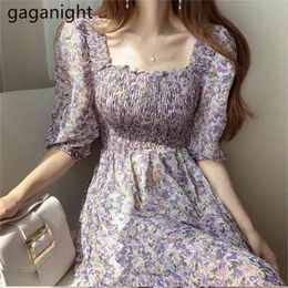 Summer Women Ruched Short Sleeve Long Dress Square Collar High Waist Floral Print Beach Midi Dresses Ropa Mujer 210601