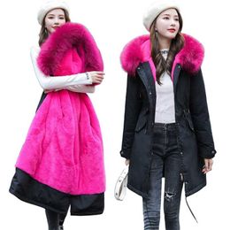 Fashion Velvet Liner Winter Jacket Women Big Fur Belt Hooded Down Parkas Female Coat Slim Warm Outwear 211018