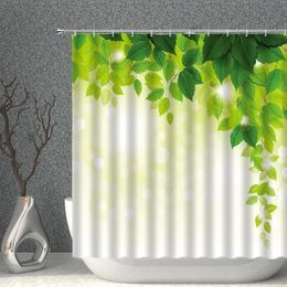 Shower Curtains Green Leaf Landscape Curtain Bamboo Yellow Flower Courtyard Garden Decoration Background Cloth Bathroom Screen With Hooks