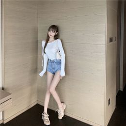 Women's Spring Autumn Top Korean Style Strapless Sexy Solid Color Slim and Thin Long-sleeved Knitted Female s GX355 210507