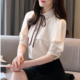 Korean Women Shirt Chiffon Blouses for Half Sleeve Ruffles s Female Top White Strap Blouse Tops Plus Size Woman 210427