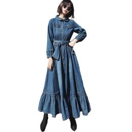 Casual Dresses Spring Autumn Solid Fashion Plus Size XS-3XL Turn Down Collar For Women Long Maxi Denim Single Breasted With Belt Blue
