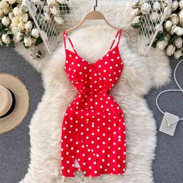 Fashion Women Korean Sweet Dot Print V-neck Chest Pad Backless Waist Slim Split Dress Mini Vestidos R625 210527