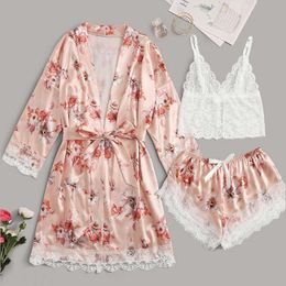 Women Pyjamas Sets 3 PCS Faux Silk Lace Pyjamas Robe Sleepwear Sets Elegant Sexy Lace Fashion Casual Homewear Clothes Nightwear 210622